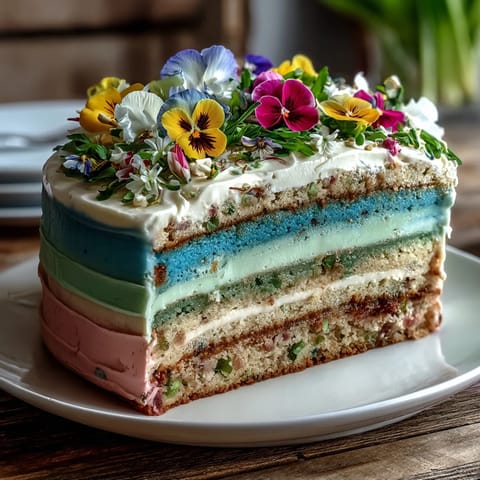 Soft layered pastel cake crowned with fresh edible flowers, perfect for springtime gatherings.