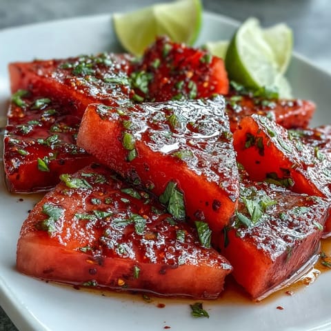 Watermelon slices with Tajin and lime, a zesty summer snack bursting with juicy sweetness and a spicy citrus kick.