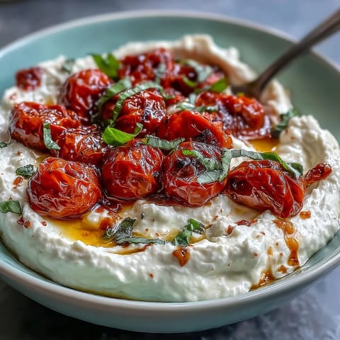 Creamy whipped feta dip topped with sweet roasted cherry tomatoes and fresh basil, served with warm pita bread.  