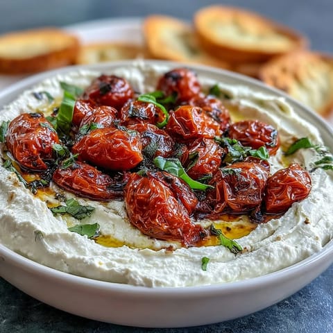 Tangy feta and cream cheese blended smooth, topped with blistered cherry tomatoes and drizzled with olive oil.  