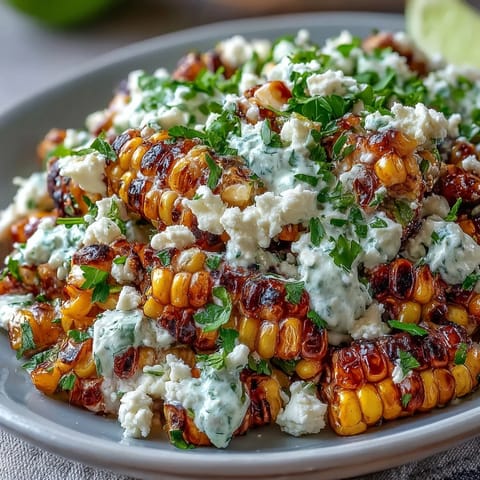 A colorful Mexican Street Corn Salad with charred sweet corn, creamy dressing, and crumbled Cotija cheese.  