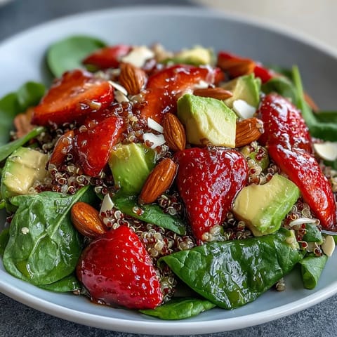 Fresh strawberry avocado quinoa salad featuring protein-rich quinoa, ripe avocado, and sweet berries, perfect for summer lunch.  