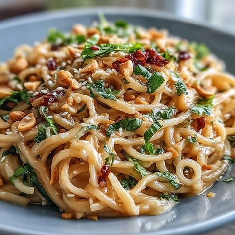 Creamy Thai Peanut Noodle Salad, a refreshing side dish topped with crunchy peanuts.