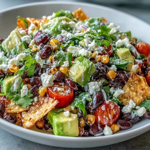 Vibrant grilled corn and black bean taco salad with crisp vegetables and zesty lime dressing.  