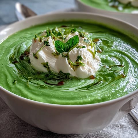A vibrant bowl of spring pea soup topped with airy whipped ricotta and fragrant mint oil for a fresh, seasonal meal.