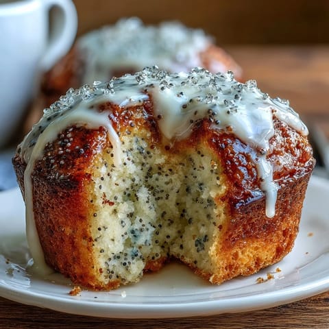Golden Lemon Poppy Seed Muffins glistening with tangy citrus glaze, perfect for breakfast.