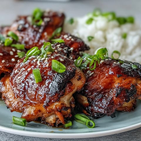 Glossy soy glazed chicken thighs baked to perfection with caramelized goodness.