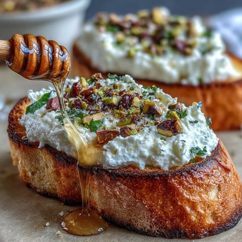 Creamy Whipped Ricotta Bruschetta topped with honey and pistachios.