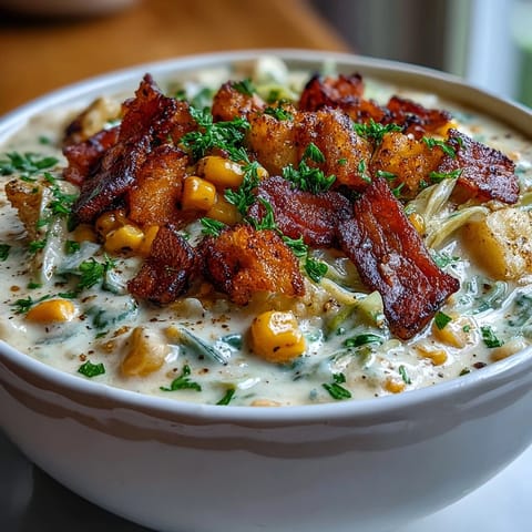Creamy Cabbage Corn Chowder with bacon, ideal for a cozy, comforting meal.
