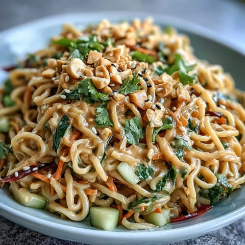 Vibrant Thai Peanut Noodle Salad bursting with fresh vegetables and creamy sauce.