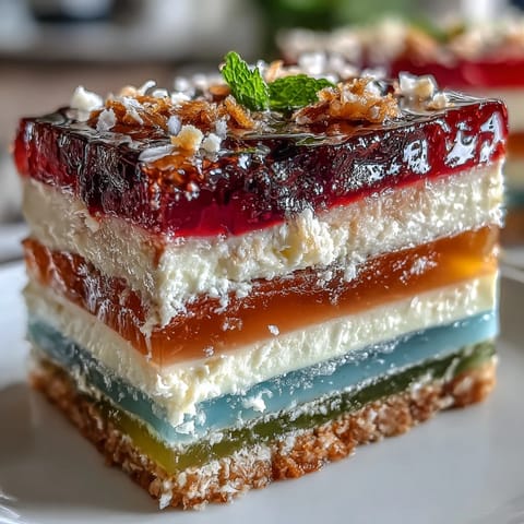 Vibrant Agar-Agar Rainbow Jelly Cake with creamy coconut layers, a vegan dessert.
