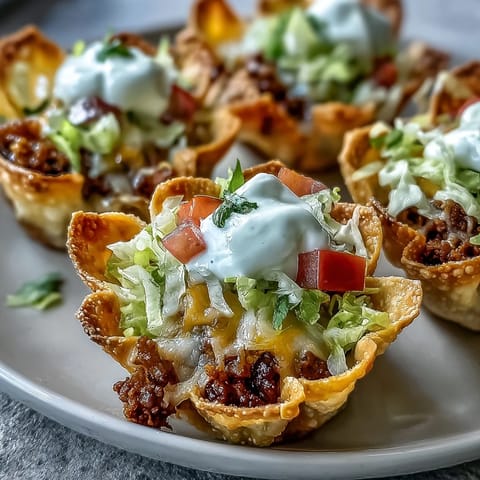 Crispy mini taco cups in wonton wrappers with melted cheese, ready to serve.
