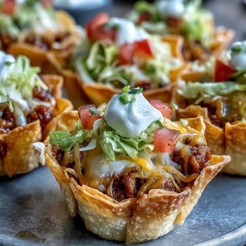 Golden mini taco cups filled with seasoned meat, topped with fresh garnishes.