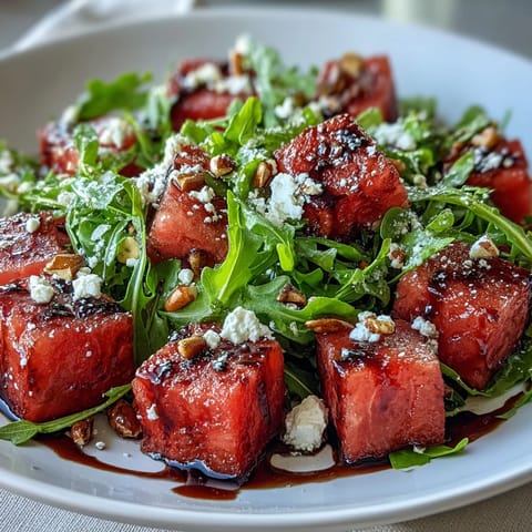 Vibrant Watermelon Feta Arugula Salad glistening with rich balsamic reduction.