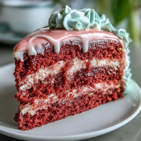 Beautiful pink Rosé Velvet Cake with a luxurious gold drip awaits slicing.
