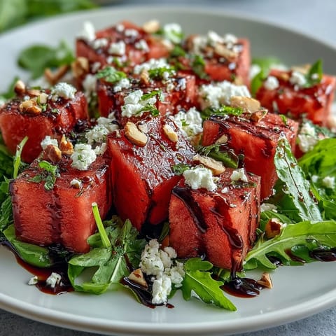 Juicy watermelon, feta, and arugula salad with balsamic glaze, perfect for summer.