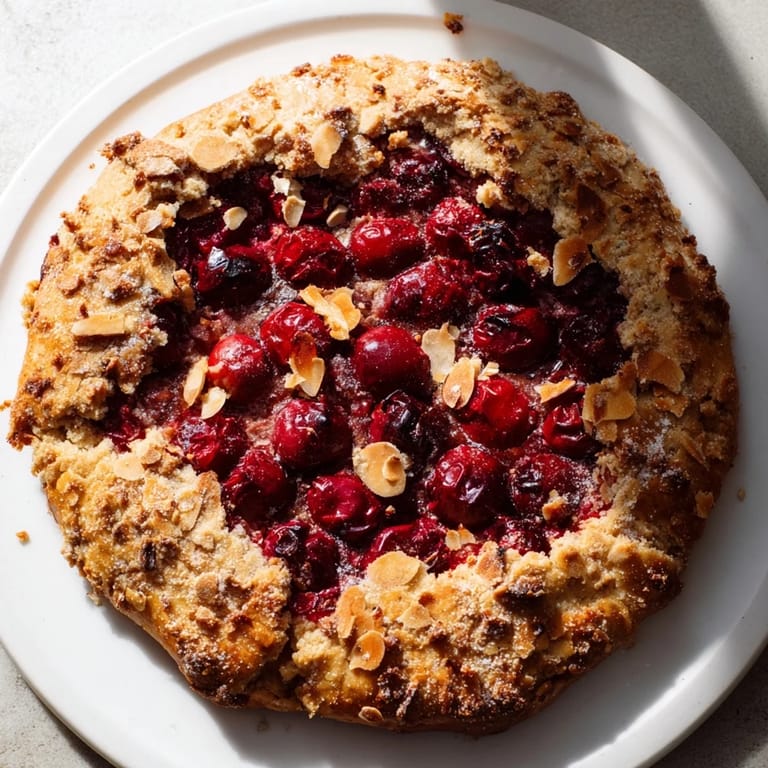 Freshly baked Rustic Cherry and Vanilla Almond Galette, with almonds sprinkled on a flaky, inviting crust.
