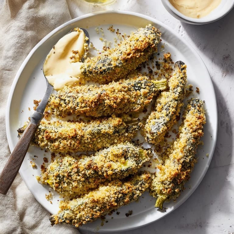 Oven-baked crispy zucchini rounds, offering a delightful crunch with a hint of spicy mayo for dipping.