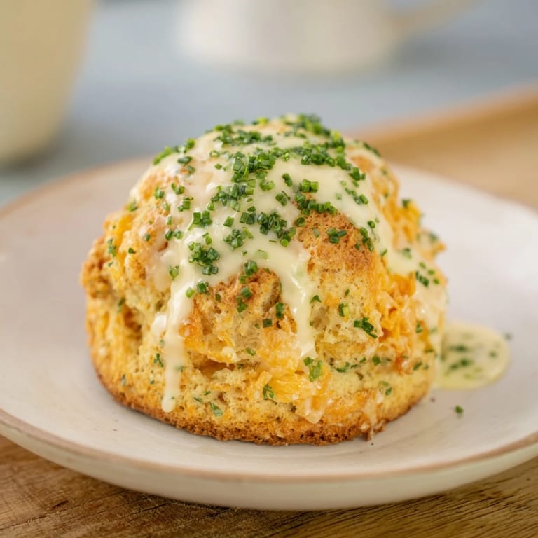 Freshly baked golden cheddar and chive scones with melted cheese, perfect with coffee or tea for brunch.