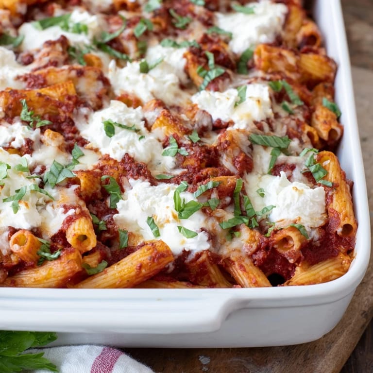 Family-style serving of flavorful One-Dish Baked Ziti, featuring a rich marinara sauce and three cheeses.