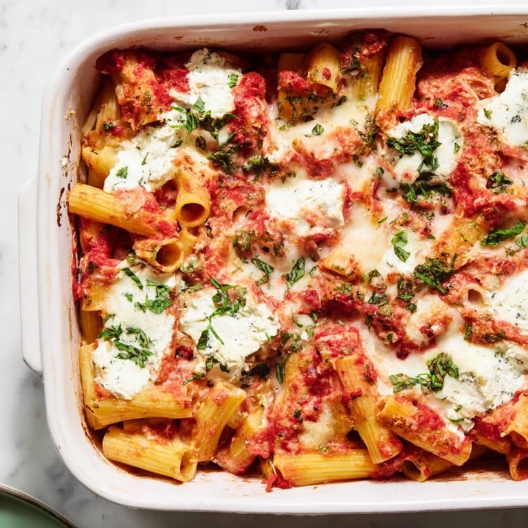 A close-up of cheesy, steaming One-Dish Baked Ziti, showcasing layers of pasta and creamy ricotta.