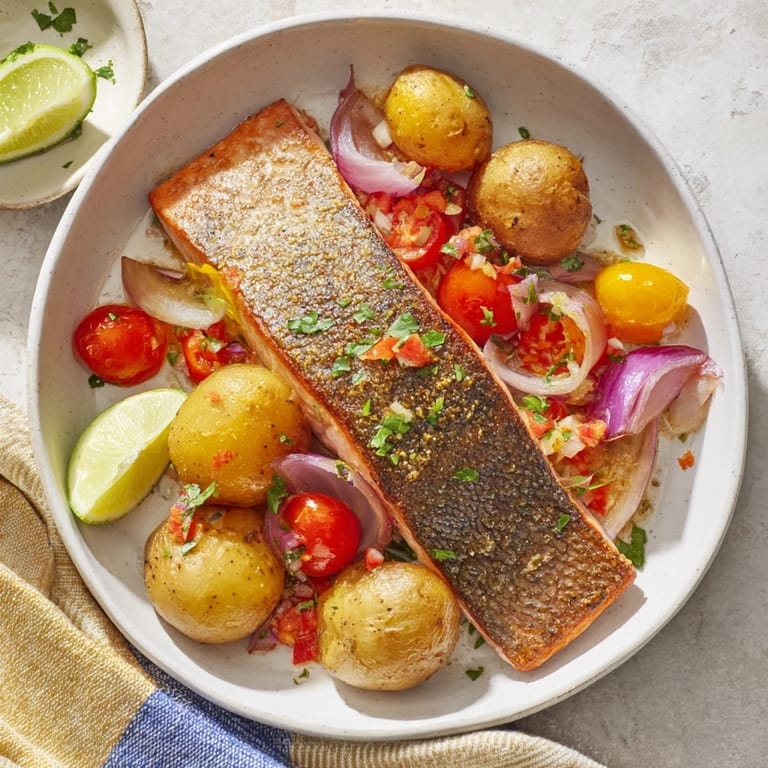 Golden-brown one-tray baked trout, surrounded by tender potatoes and juicy roasted tomatoes.