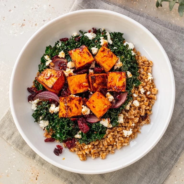 A vibrant Harvest Grain Bowl: you can imagine the sweetness of roasted pumpkin, ready to eat.