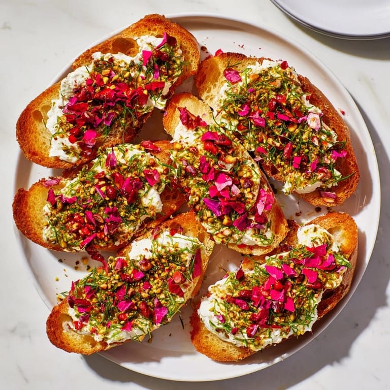 Close-up of Festive Pomegranate and Goat Cheese Crostini showing the goat cheese, pomegranate jewels, and fresh herbs.