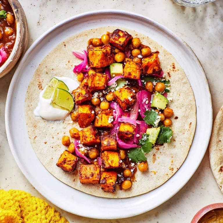 A close-up of fully loaded Quick Sweet Potato and Black Bean Tacos, ready to be enjoyed with flavorful toppings.