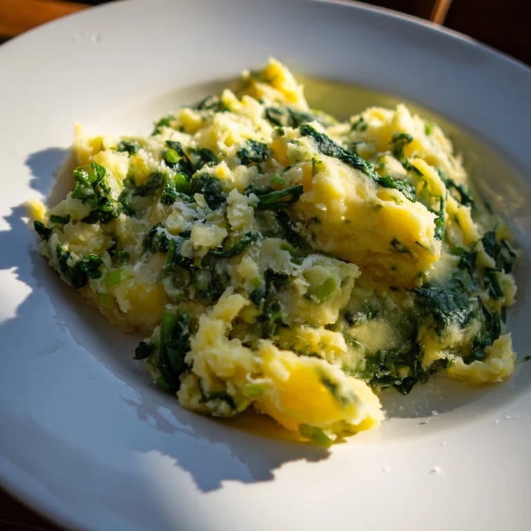 A bowl brimming with Creamy Spinach and Parmesan Mashed Potatoes, a delicious vegetarian comfort food.