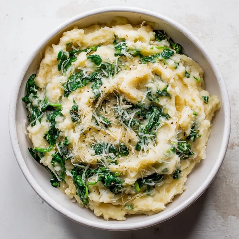 Homemade Creamy Spinach and Parmesan Mashed Potatoes, a comforting, cheesy side perfect with roasted meats.