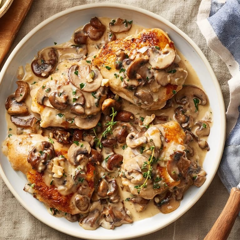 A close-up view of skillet-seared chicken breast, topped with a flavorful mushroom cream sauce.