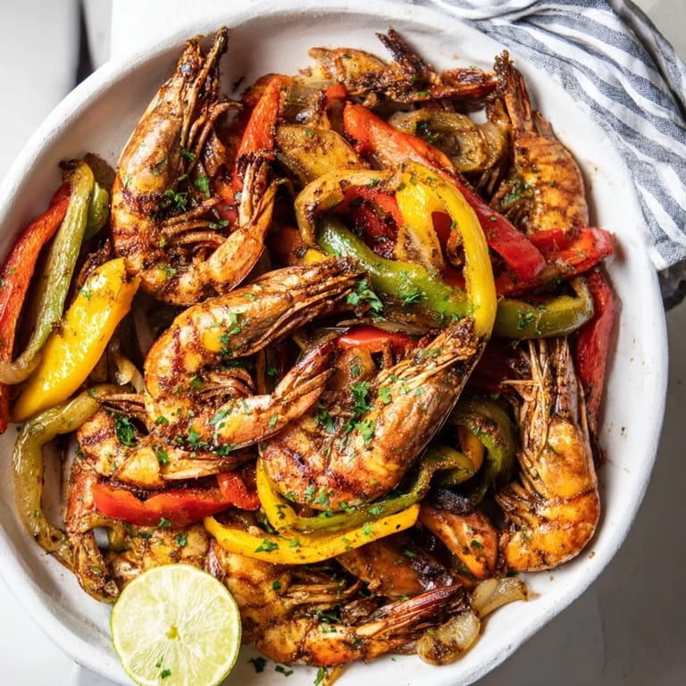 Colorful sheet pan shrimp fajitas, perfectly cooked with vibrant veggies, served alongside warm tortillas and lime.
