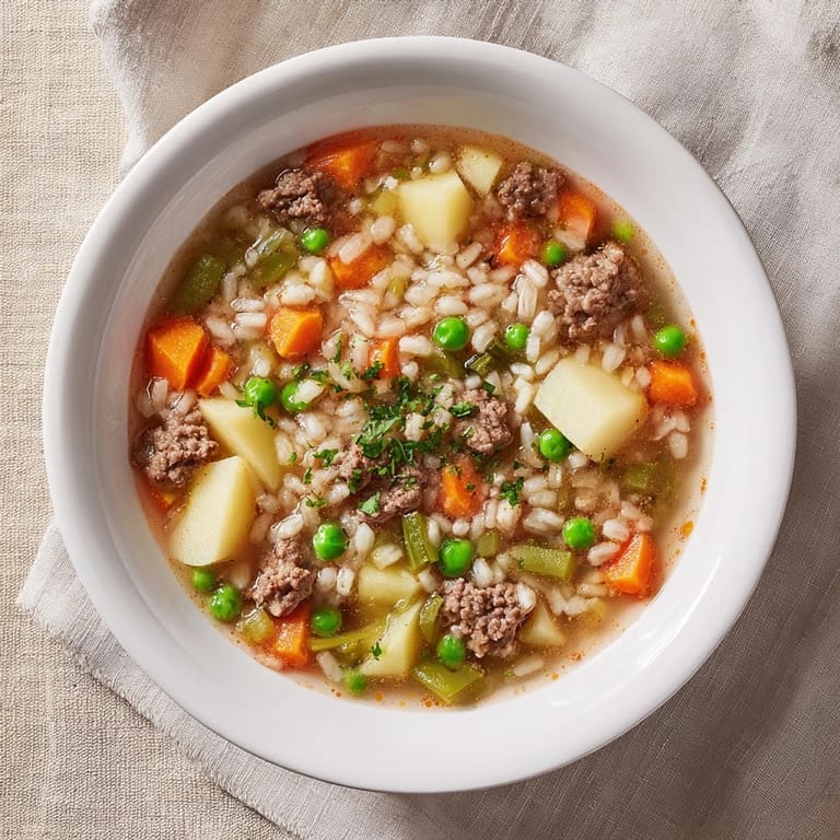 A close up shows the delicious depth of One-Pot Hearty Beef and Barley Soup with garnishes, warm and inviting.