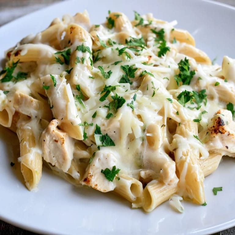 A close-up of a creamy Chicken Alfredo Bake, with melted cheese and tender chicken pieces.