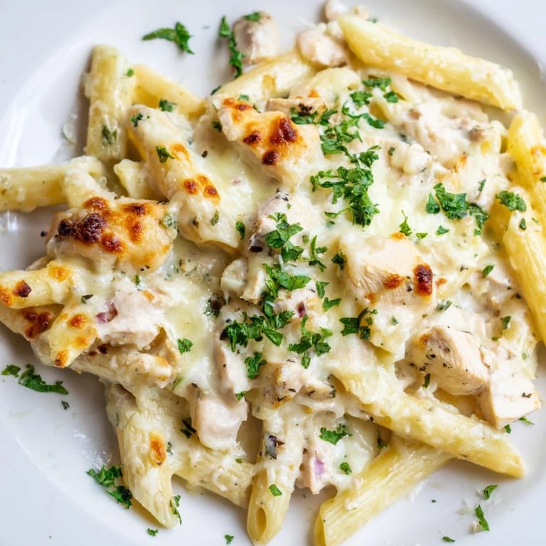 Delicious Chicken Alfredo Bake, a hearty casserole with al dente pasta and a rich sauce.