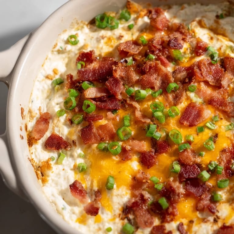 Melted cheese bubbles over a festive baking dish filled with savory Cheesy Bacon Ranch Dip.