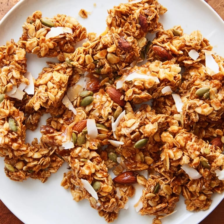 Sweet, oven-baked Honey Nut Granola Clusters offer a delightful blend of oats, nuts, and honey.