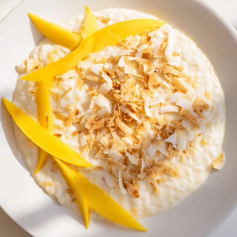 Warm Toasted Coconut Rice Pudding simmering in a pan, infused with tropical flavor and coconut milk.
