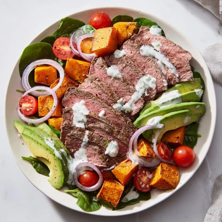 Imagine the flavors in this healthy Beef Avocado Sweet Potato Bowl: savory beef, fresh avocado, and vibrant veggies.