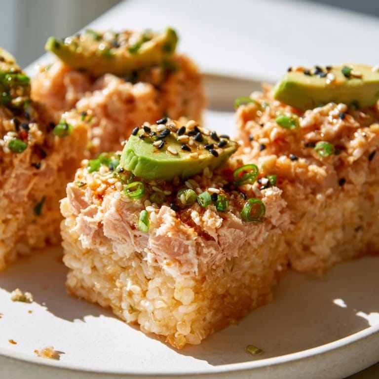 A close-up of a delightful Spicy Tuna Crispy Rice appetizer, showcasing the textures and flavors.
