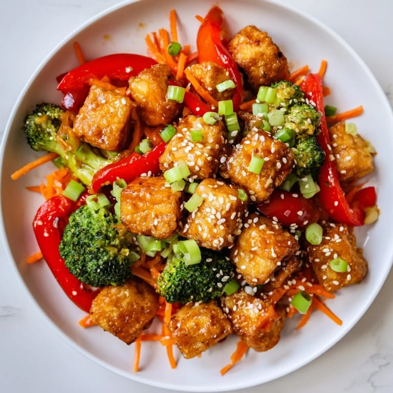 Golden-brown tofu cubes smothered in savory honey garlic sauce, a delicious vegetarian dish.
