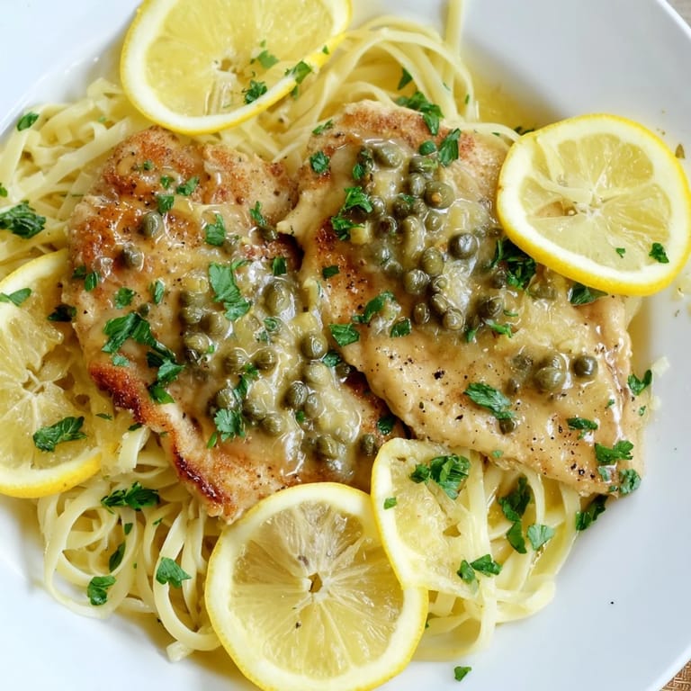 Al dente Quick Chicken Piccata Pasta with a generous serving of capers and fresh parsley.