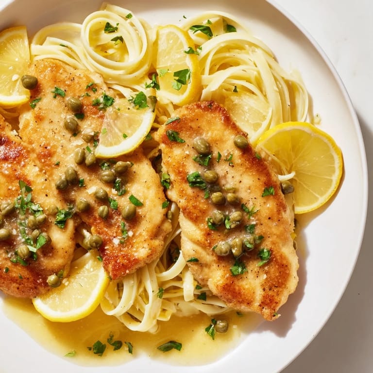 A close-up of Quick Chicken Piccata Pasta, showcasing the creamy sauce clinging to the spaghetti.