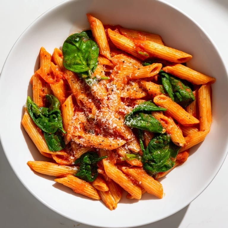 A flavorful bowl of Quick Marinara Pasta with Spinach showcases the bright red sauce and wilted green spinach.
