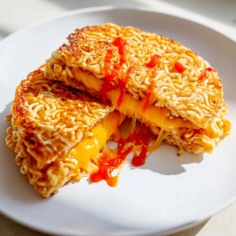 Perfectly cooked Instant Ramen Grilled Cheese sandwich, showcasing a cheesy, spicy filling.