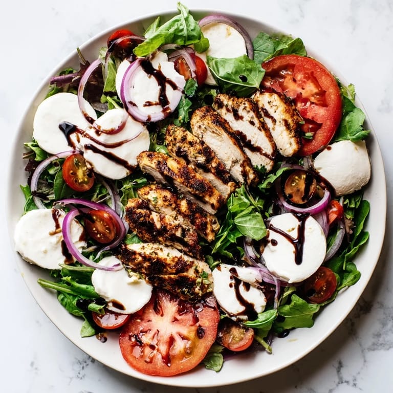 Fresh basil and balsamic glaze complement the colorful ingredients of this Caprese Chicken Salad dish.