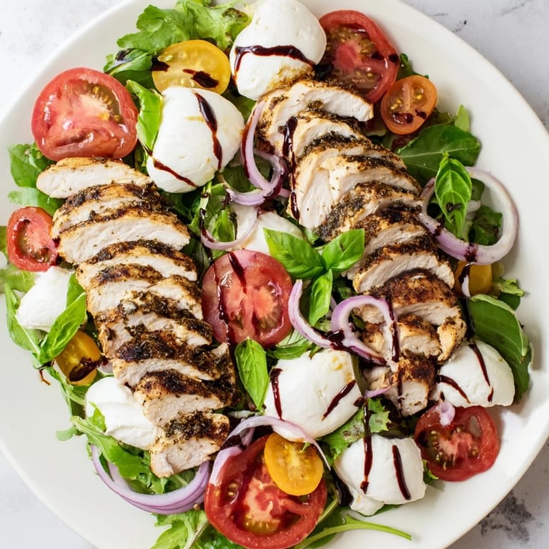 A stunning overhead shot showcases this Caprese Chicken Salad, a delightful and healthy Italian-inspired meal.