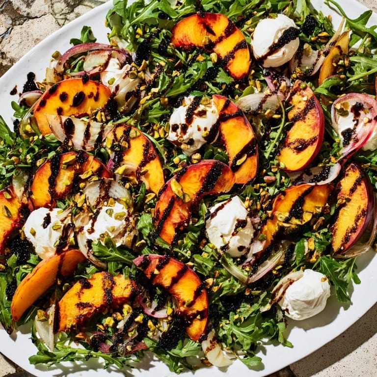 Enjoy this Grilled Peach Salad, featuring sweet peaches, peppery arugula, and a delicious balsamic glaze.