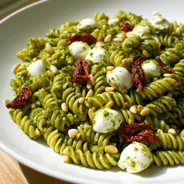 Bright, colorful pesto pasta salad, a summer favorite, featuring fresh basil pesto and soft mozzarella.